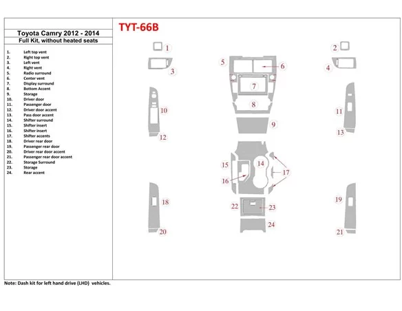 Kompletná sada Toyota Camry 2012-UP, bez vyhrievania sedadiel interiéru BD Dash Dem Kit - 1