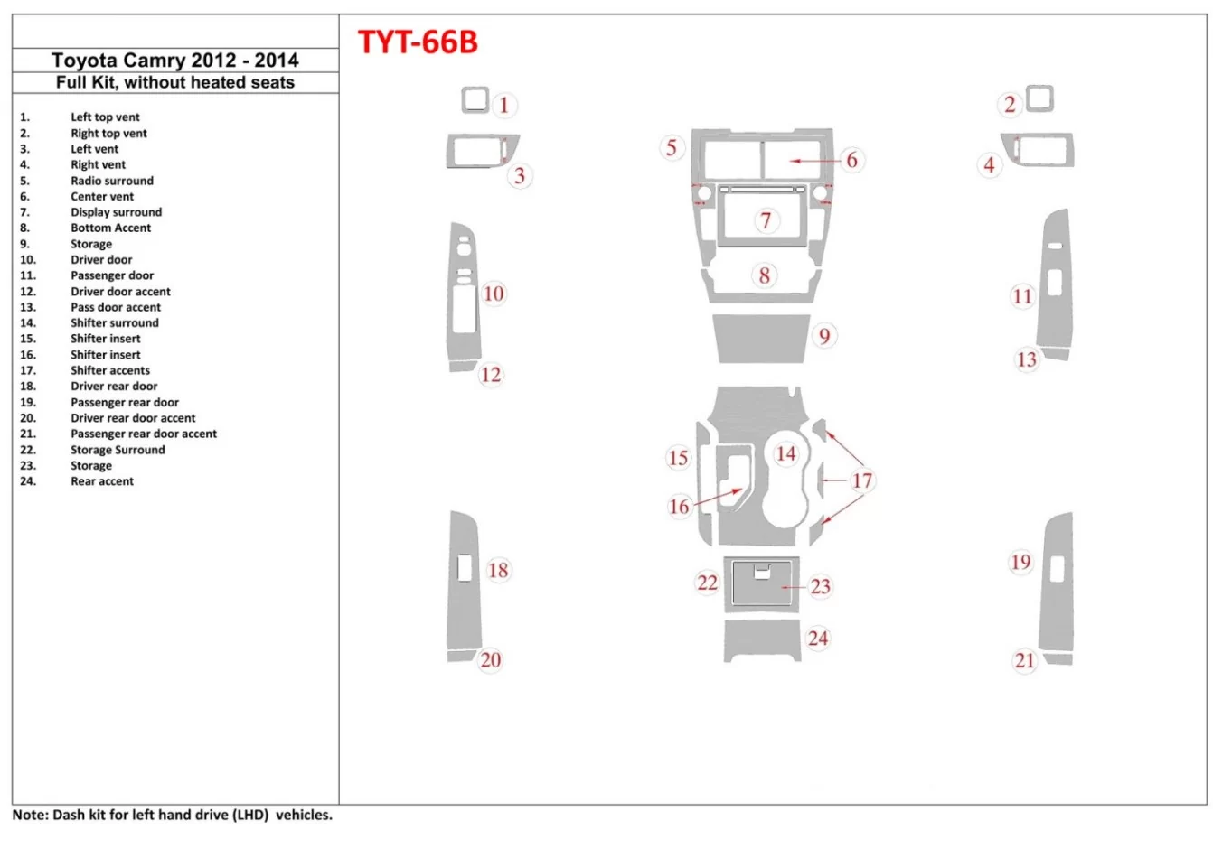 Kompletná sada Toyota Camry 2012-UP, bez vyhrievania sedadiel interiéru BD Dash Dem Kit - 1
