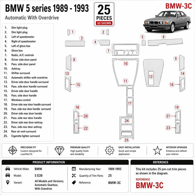 BMW 5 E34 1989-1993 automatická prevodovka, With Overdrive 3D dekor palubnej dosky, 25 dielov