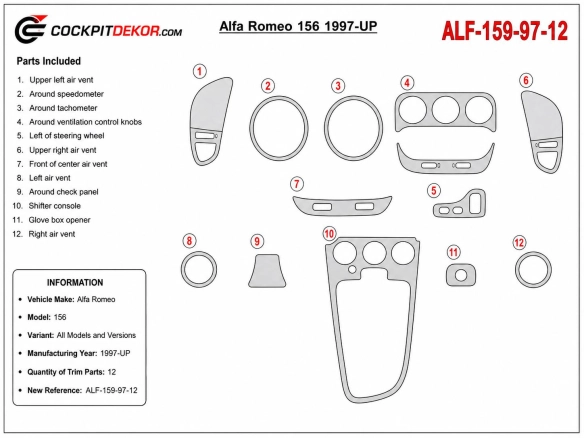 Alfa Romeo 156 1997+ 3D dekor palubnej dosky, 12 dielov