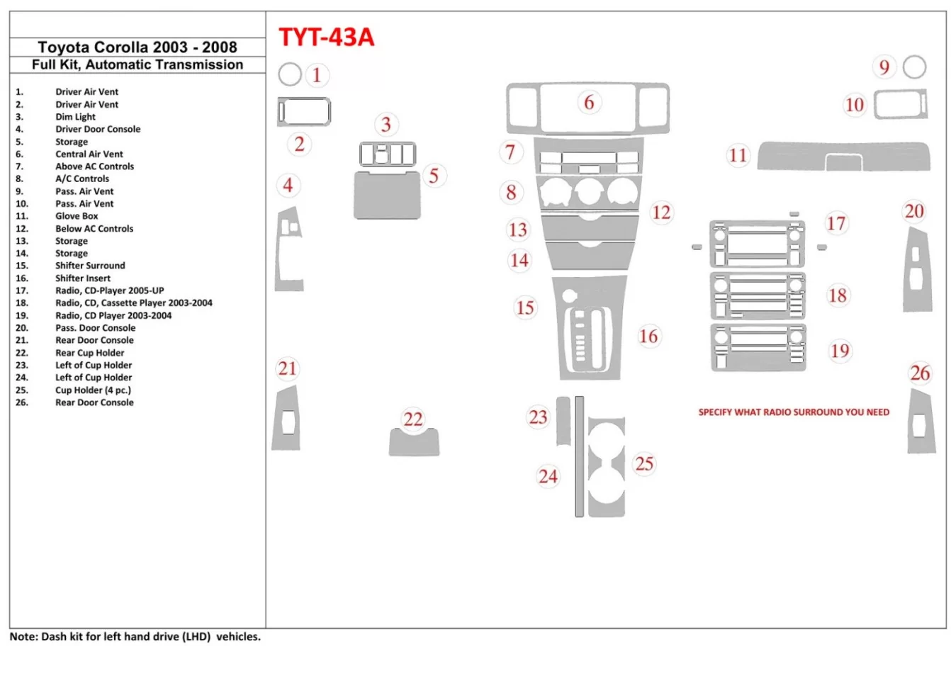 Toyota Corolla 2003-2008 Kompletná súprava interiéru BD Dash Trim Kit - 1