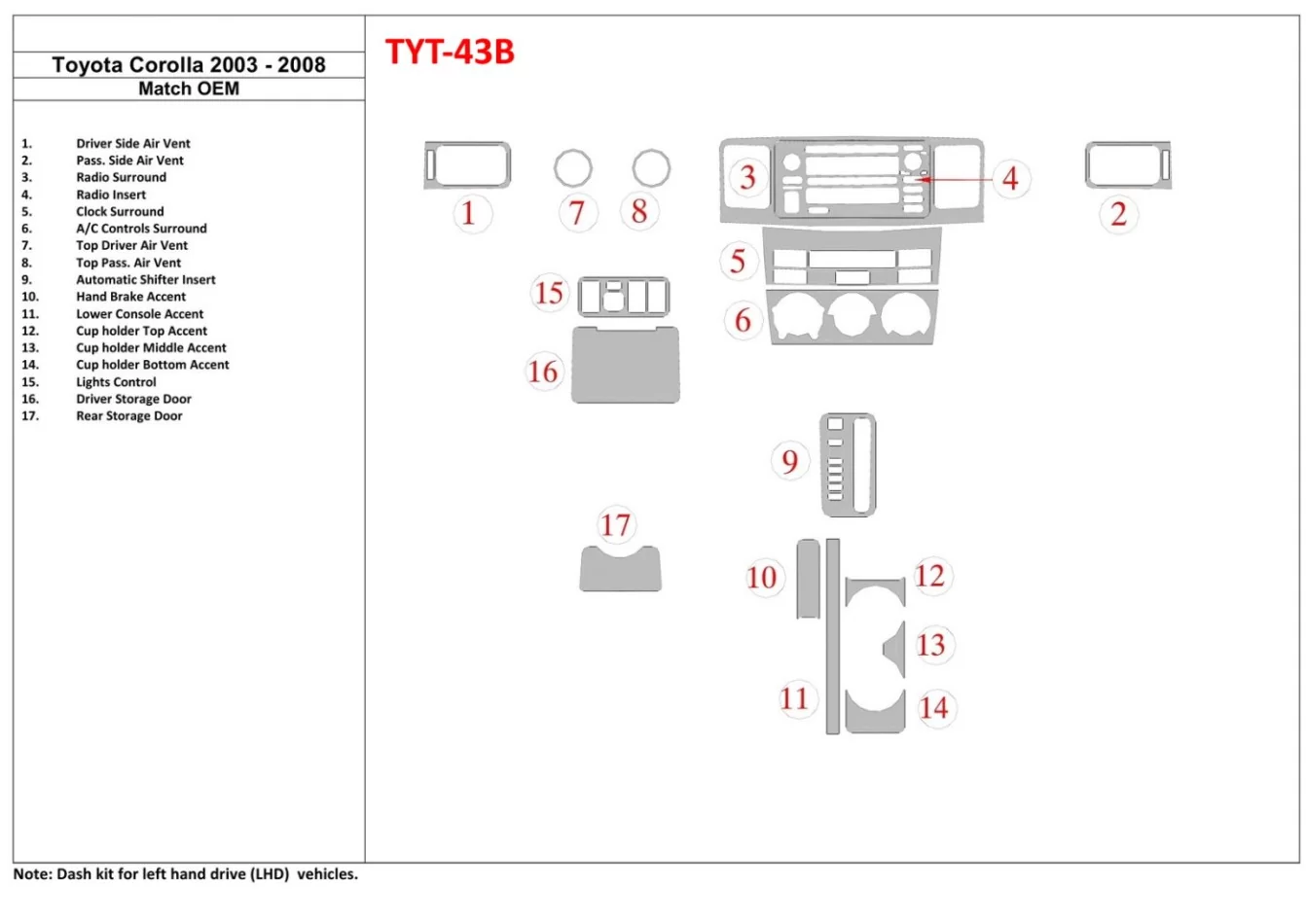 Toyota Corolla 2003-2008 OEM zhoda interiéru BD Dash ozdobná súprava - 1