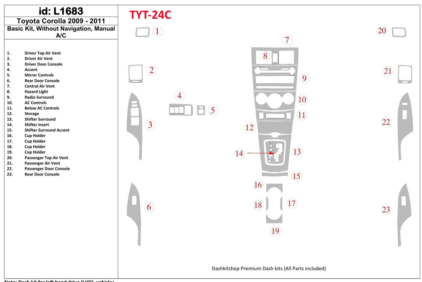 Základná sada Toyota Corolla 2009-UP, bez súpravy NAVI interiéru BD Dash Trim Kit - 1