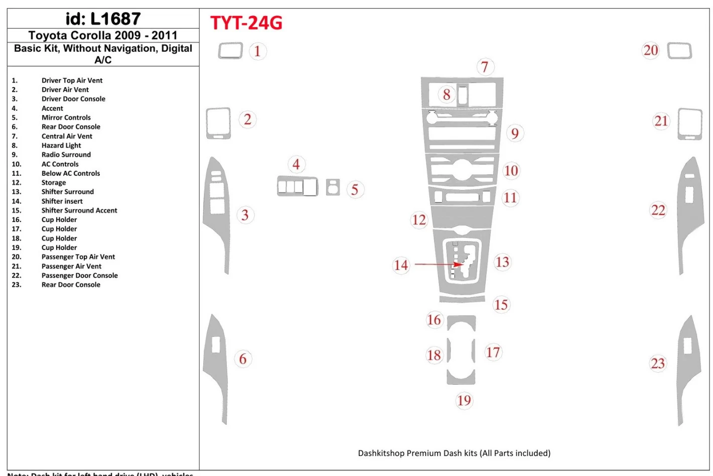 Základná sada Toyota Corolla 2009-UP, bez NAVI, automatická súprava klimatizácie interiéru BD - 1