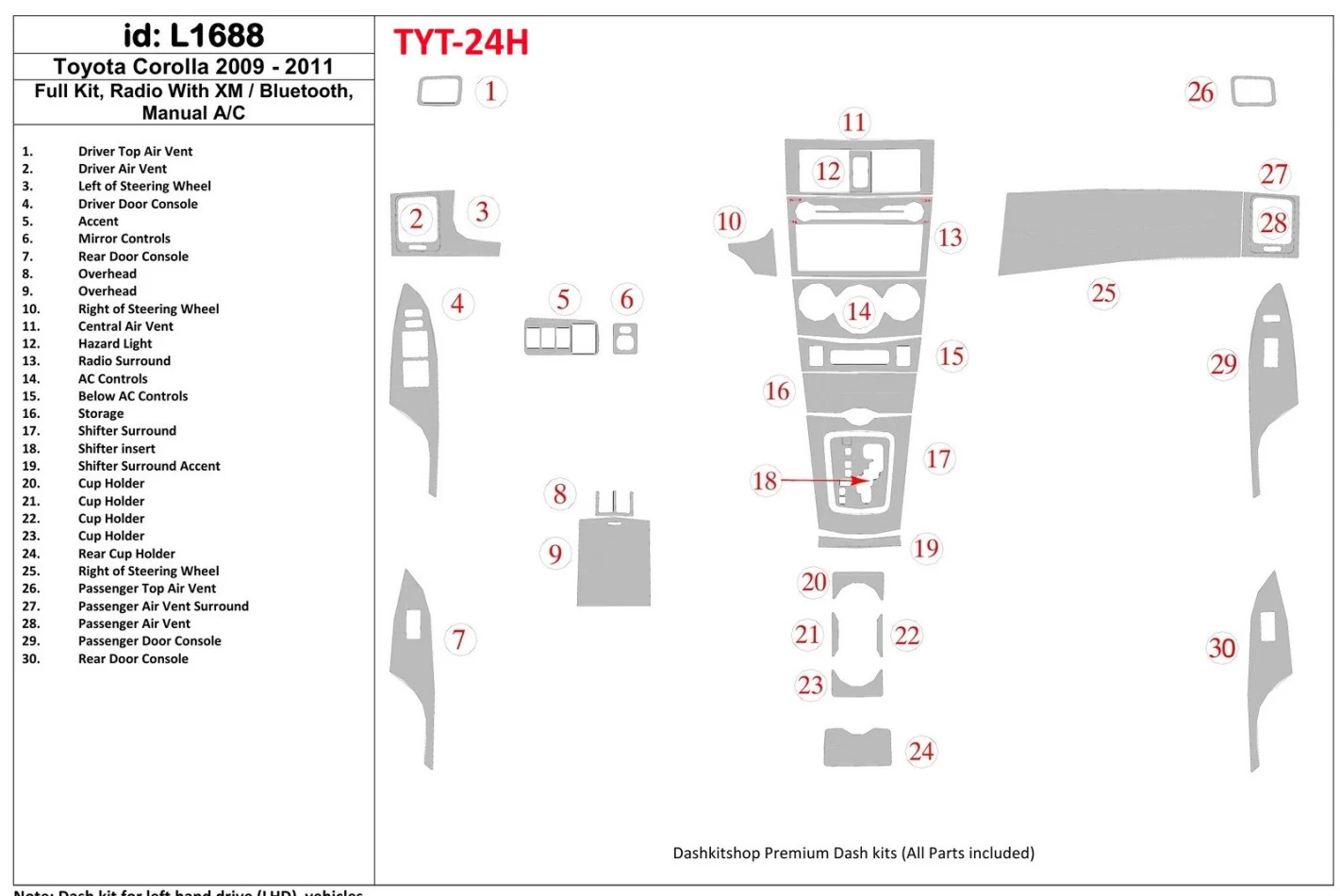 Kompletná sada Toyota Corolla 2009-UP, rádio s Bluetooth, manuálna prevodovka AC interiér BD Dash Trim Kit - 1