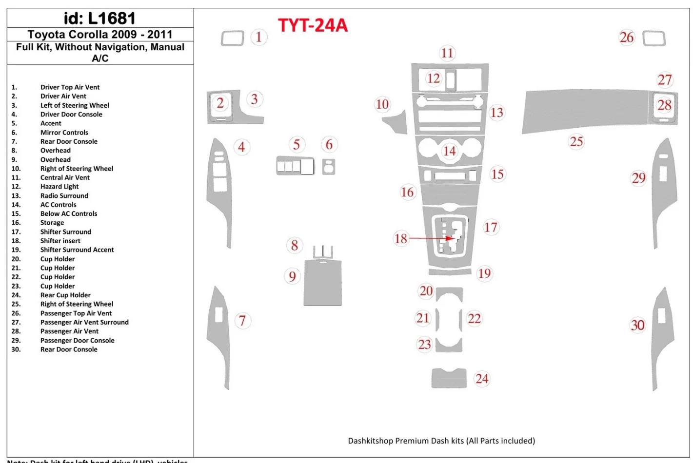 Kompletná sada Toyota Corolla 2009-UP, bez súpravy NAVI interiéru BD Dash Trim Kit - 1