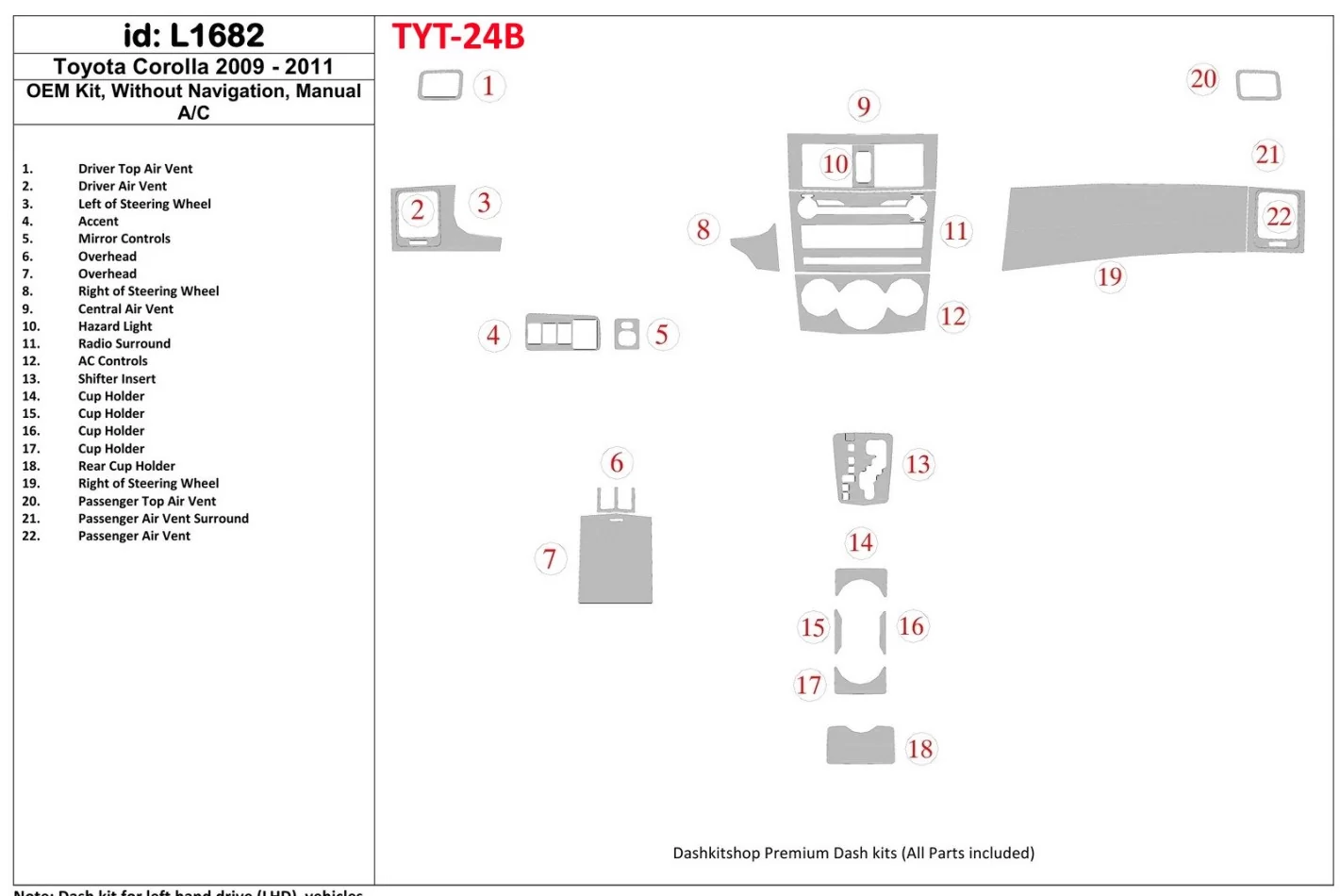Toyota Corolla 2009-UP OEM zhoda, bez NAVI Interiér BD Dash Trim Kit - 1