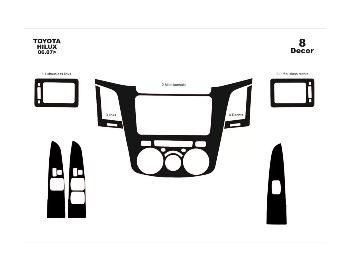 Toyota Hilux MK7 2004–2015 3D súprava obloženia palubnej dosky interiéru 8-dielna súprava obloženia palubnej dosky - 1