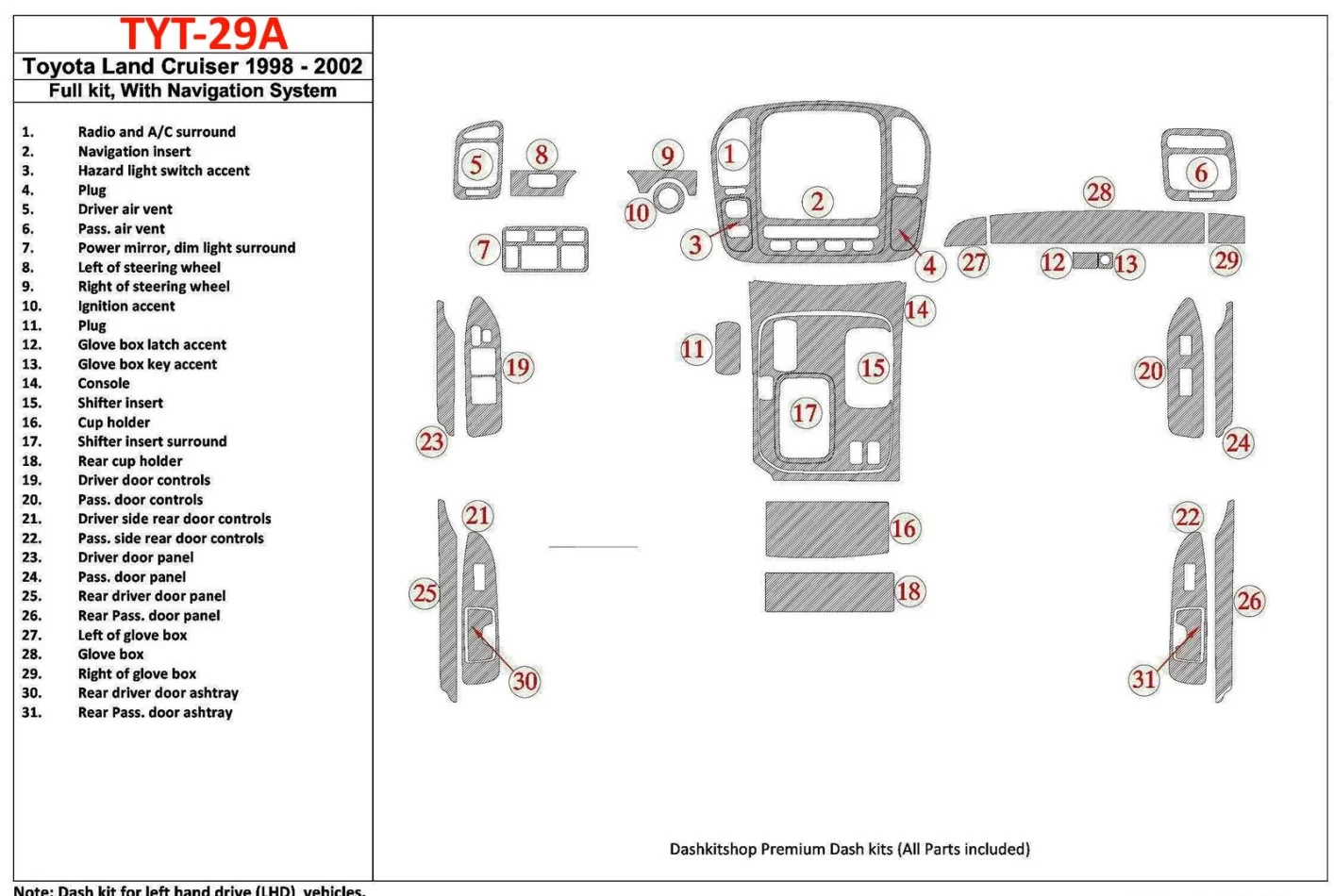 Toyota Land Cruiser 1998-2002 s NAVI, súprava 31 dielov Interiér BD Dash Trim Kit - 1