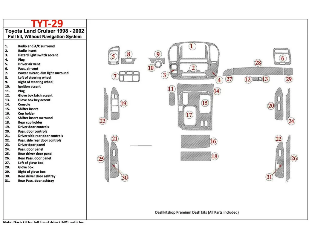 Toyota Land Cruiser 1998-2002 Bez systému NAVI, sada 31 dielov Interiér BD Dash Trim Kit - 1