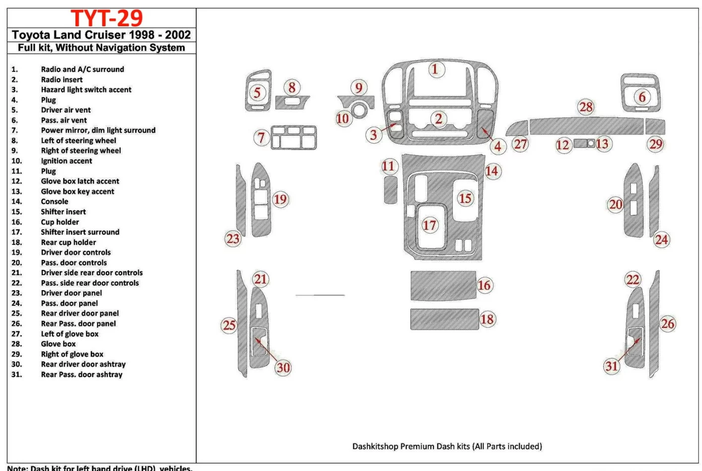 Toyota Land Cruiser 1998-2002 Bez systému NAVI, sada 31 dielov Interiér BD Dash Trim Kit - 1