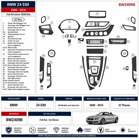 BMW Z4 E89 2009-2016 3D dekor palubnej dosky, 37 dielov 2