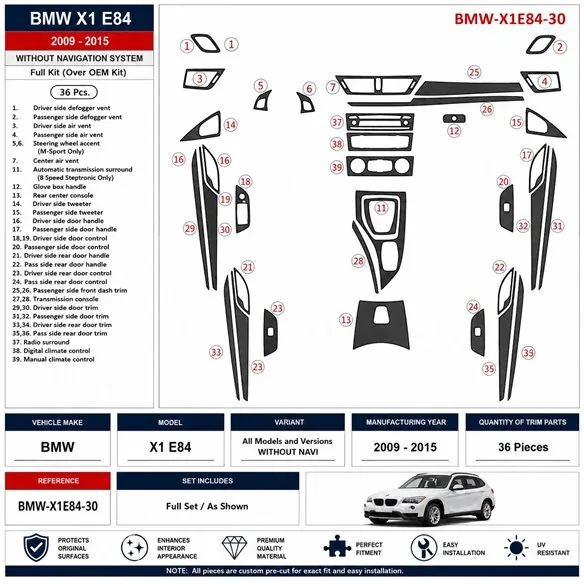 BMW X1 E84 2009-2015 NAVI 3D dekor palubnej dosky, 36 dielov