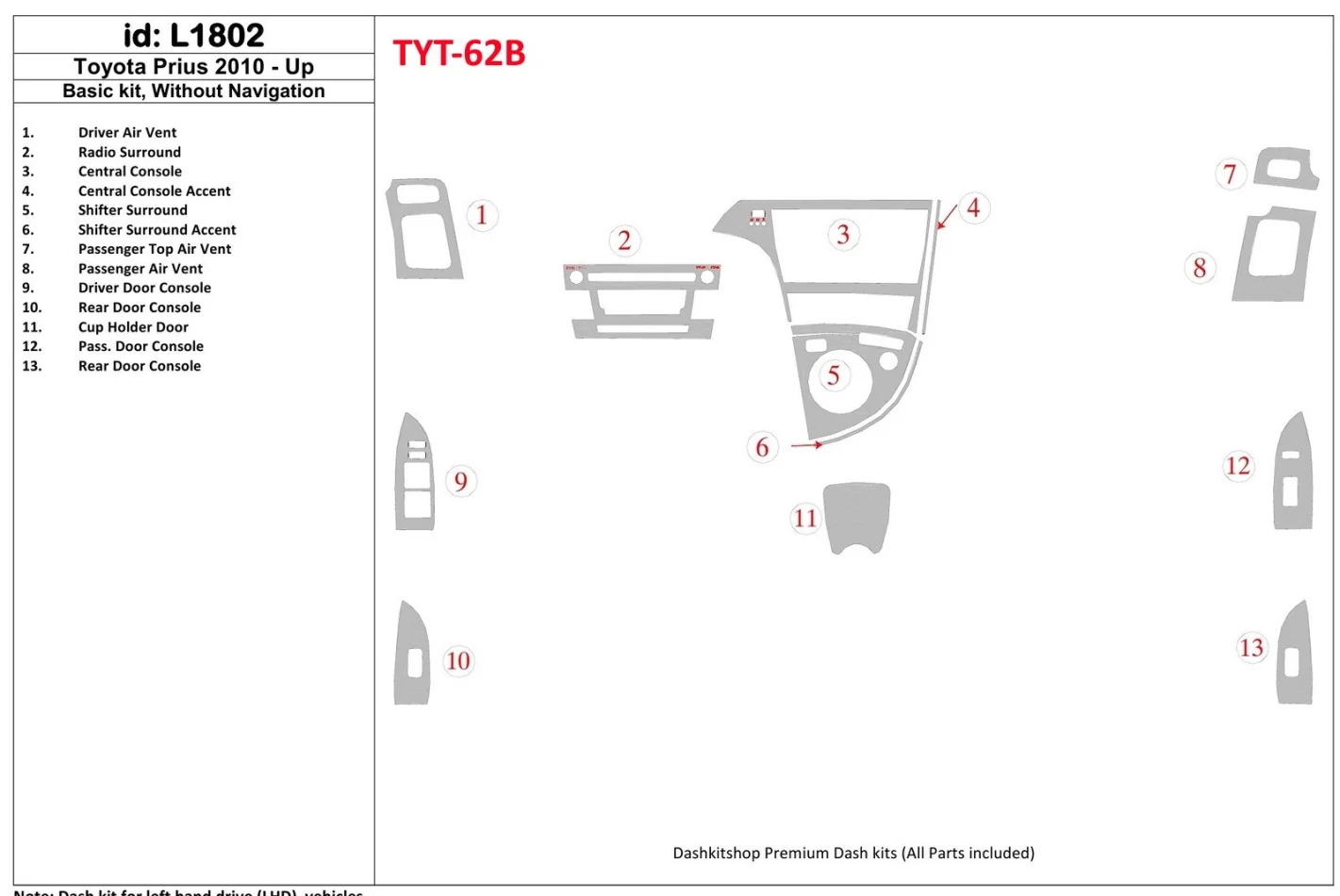 Základná sada Toyota Prius 2010-UP, bez súpravy NAVI interiéru BD Dash Trim Kit - 1
