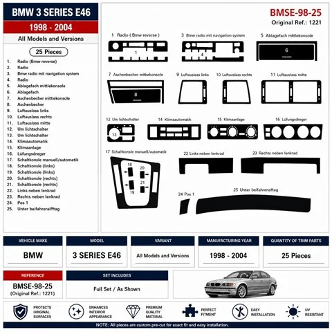 BMW 3 Series E46 1998-2004 3D dekor palubnej dosky, 25 dielov 2