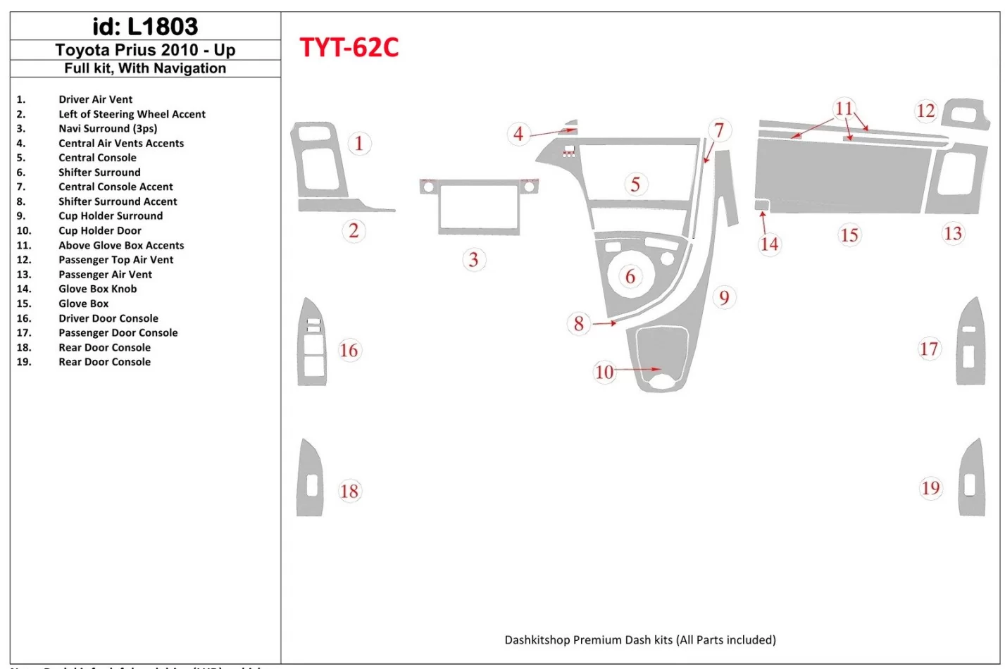 Kompletná sada Toyota Prius 2010-UP so systémom NAVI Interiér BD Dash Trim Kit - 1