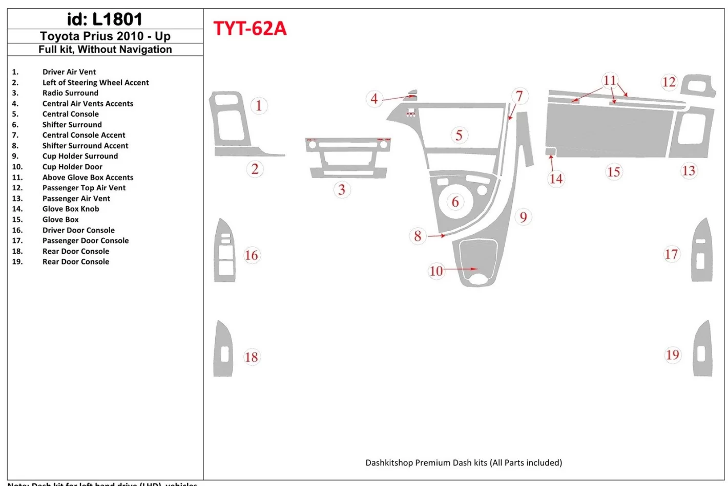Kompletná sada Toyota Prius 2010-UP, bez súpravy NAVI interiéru BD Dash Trim Kit - 1
