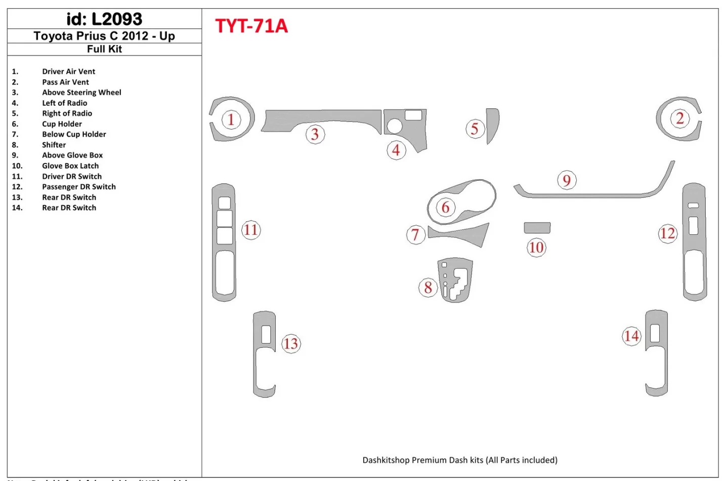 Toyota Prius C 2012-UP Kompletná súprava interiéru BD Dash Trim Kit - 1