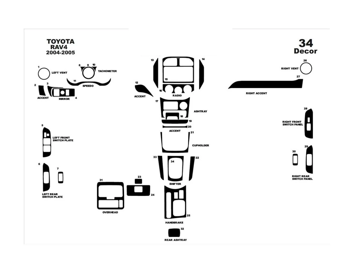 Toyota Rav 4 XA20 11.03-12.04 3D súprava obloženia palubnej dosky interiéru 34-dielna súprava obloženia palubnej dosky - 1