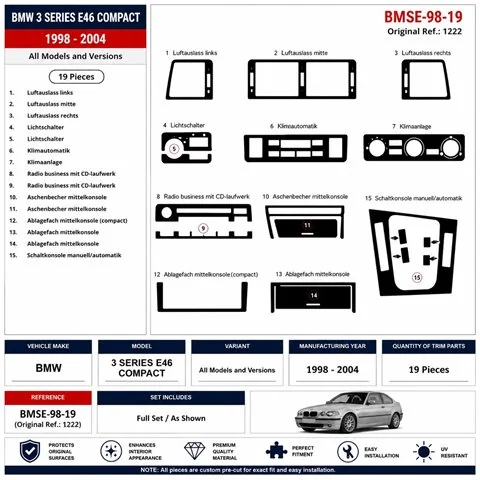 BMW 3 Series E46 Compact 1998-2004 3D dekor palubnej dosky, 19 dielov 2