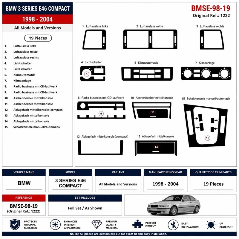 BMW 3 Series E46 Compact 1998-2004 3D dekor palubnej dosky, 19 dielov