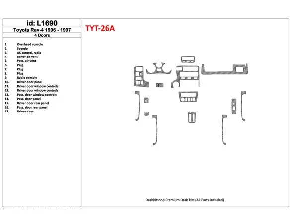 Toyota RAV-4 1996-1997 4 dvere, sada 17 dielov Interiér BD Dash Trim Kit - 1