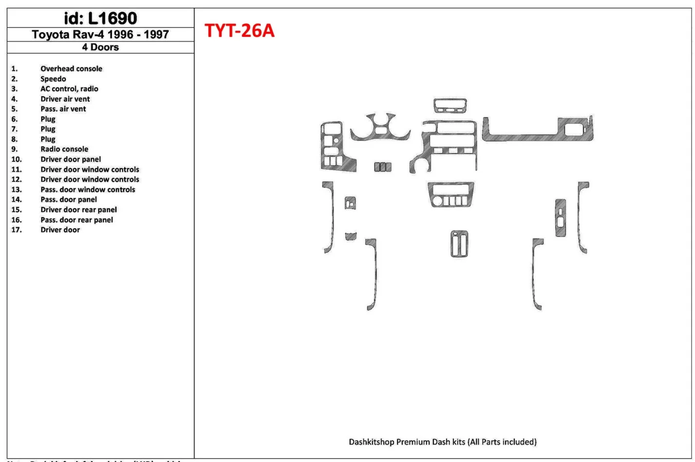 Toyota RAV-4 1996-1997 4 dvere, sada 17 dielov Interiér BD Dash Trim Kit - 1