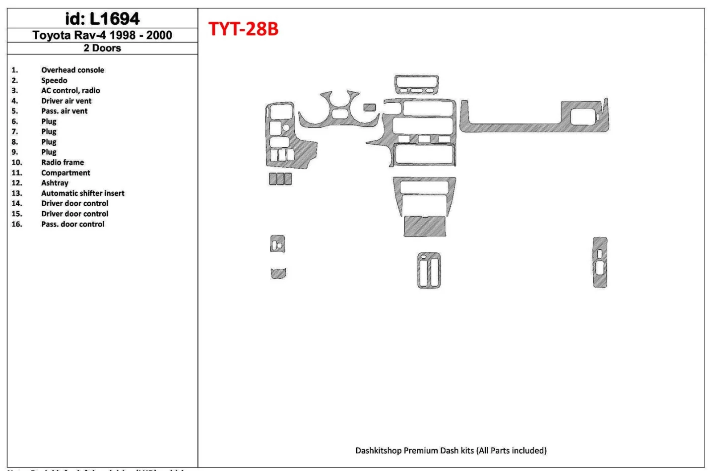 Toyota RAV-4 1998-2000 2 dvere, sada 16 dielov Interiér BD Dash Trim Kit - 1