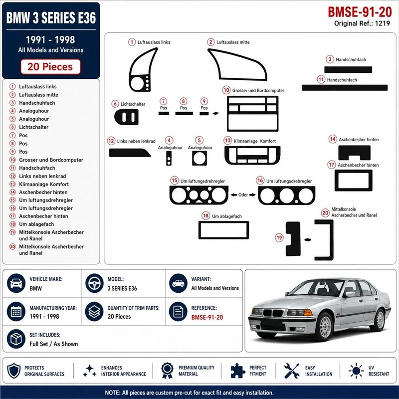 BMW 3 Series E36 1991-1998 3D dekor palubnej dosky, 20 dielov