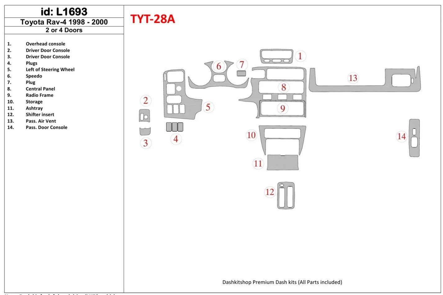 Toyota RAV-4 1998-2000 4 dvere, sada 20 dielov Interiér Súprava obloženia palubnej dosky BD - 1