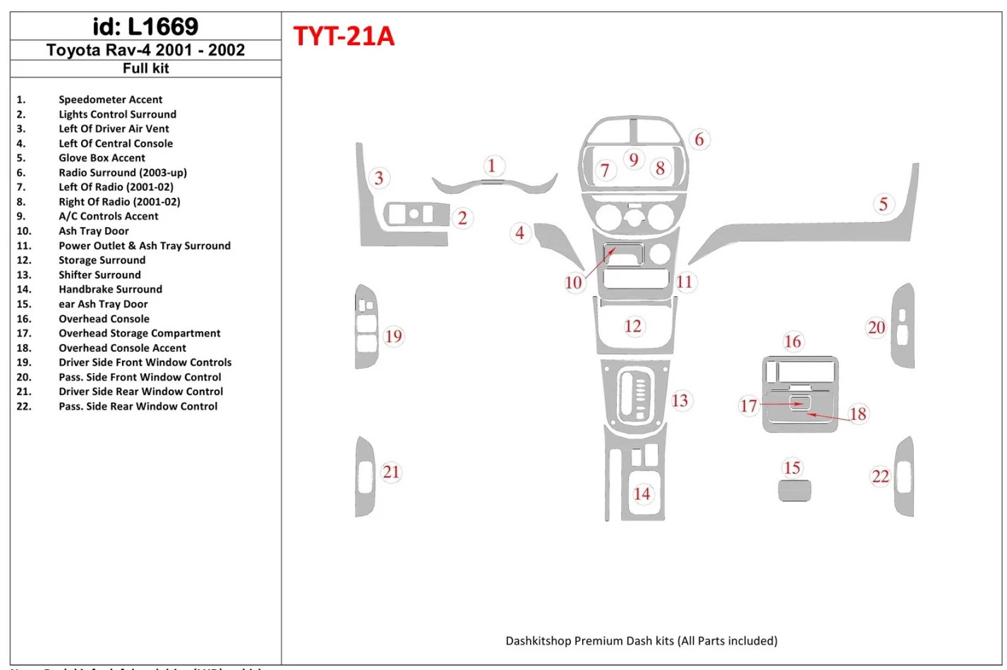 Toyota RAV-4 2001-2002 Kompletná súprava vnútorného obloženia palubnej dosky BD - 1