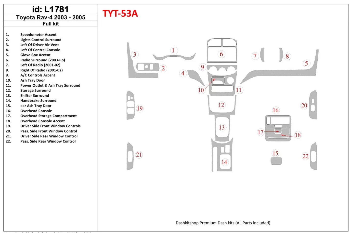 Toyota RAV-4 2003-2005 Kompletná súprava vnútorného obloženia palubnej dosky BD - 1