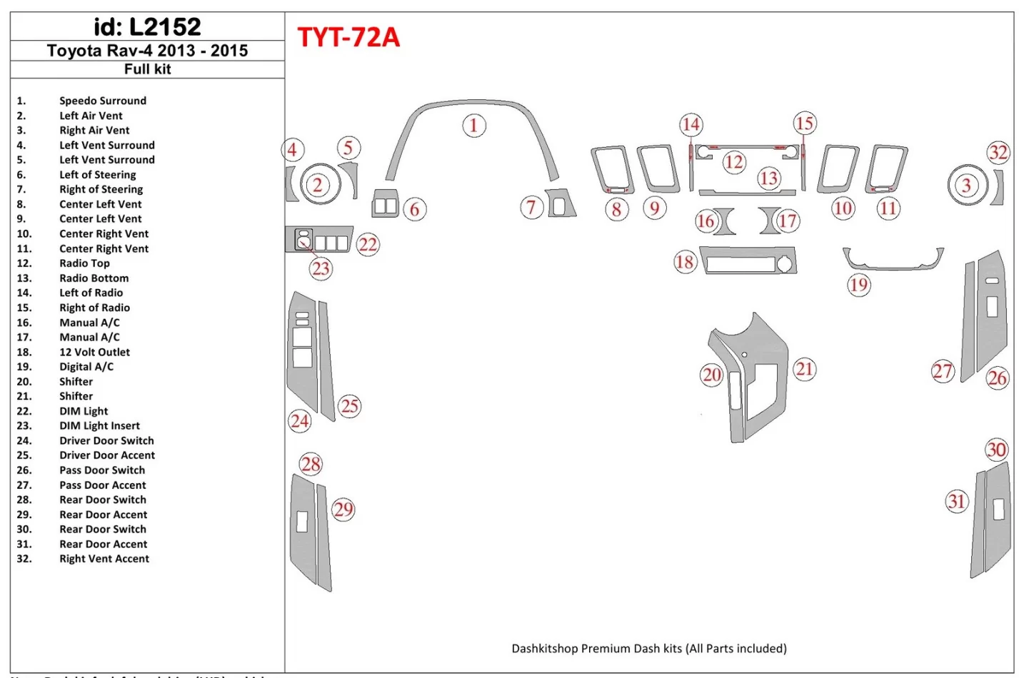 Toyota RAV-4 2013-2015 Kompletná súprava vnútorného obloženia palubnej dosky BD - 1