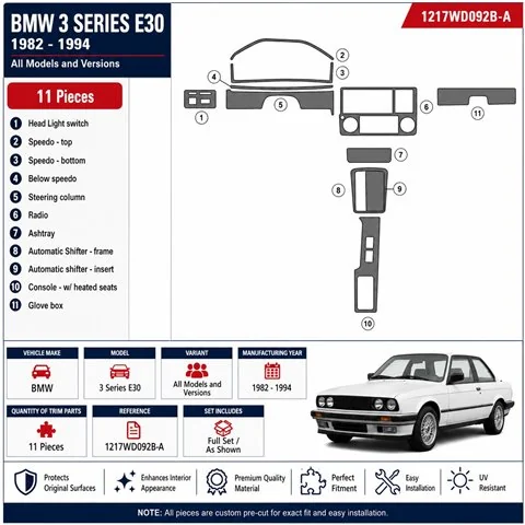 BMW 3 Series E30 1982-1994 3D dekor palubnej dosky, 11 dielov