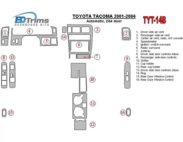 Toyota Tacoma 2000-2004 Automatická prevodovka, 2 a 4-dverový interiér BD Dash Trim Kit - 1