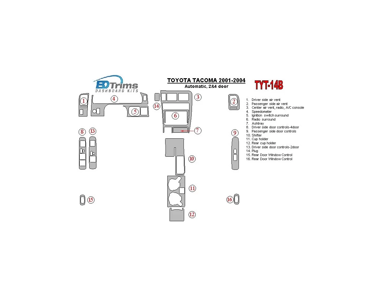 Toyota Tacoma 2000-2004 Automatická prevodovka, 2 a 4-dverový interiér BD Dash Trim Kit - 1