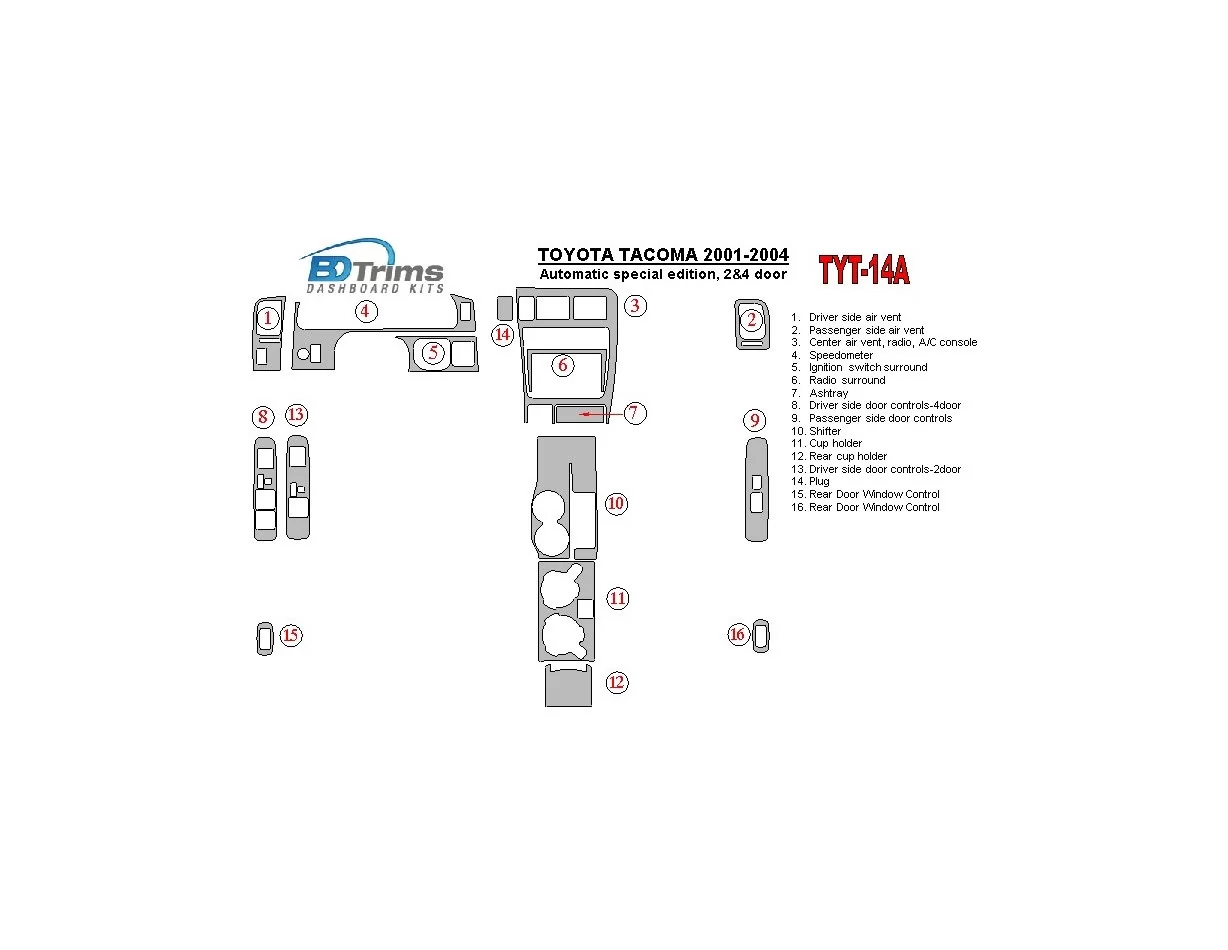Špeciálna edícia automatickej prevodovky Toyota Tacoma 2000-2004, interiér 2 a 4 dverí BD Dash Trim Kit - 1