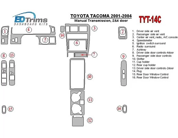 Toyota Tacoma 2000-2004 manuálna prevodovka, 2 a 4-dverový interiér BD Dash Trim Kit - 1
