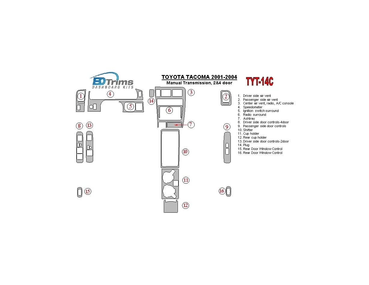 Toyota Tacoma 2000-2004 manuálna prevodovka, 2 a 4-dverový interiér BD Dash Trim Kit - 1