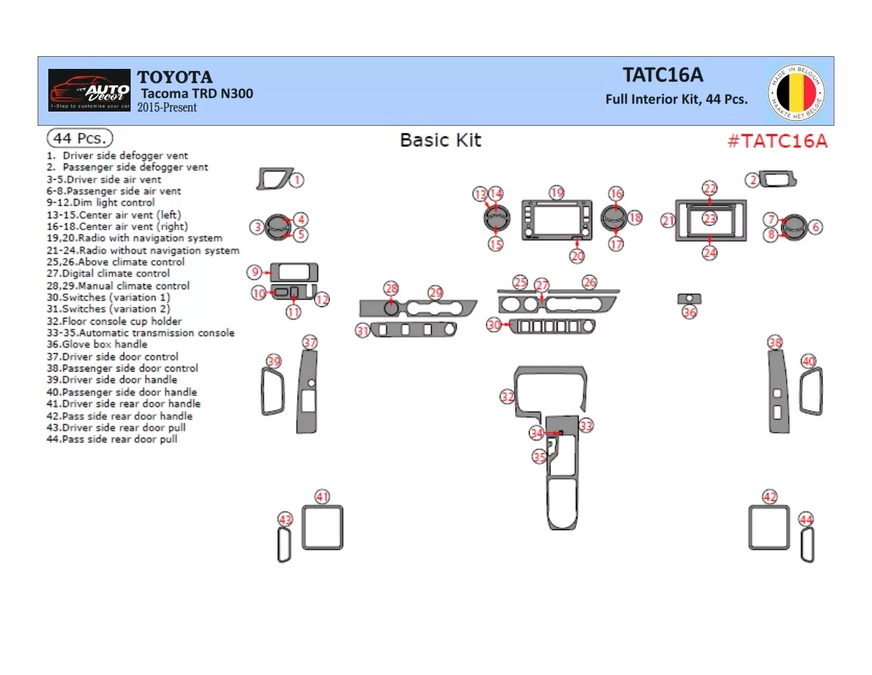 Toyota Tacoma 2016-2020 3D súprava obloženia palubnej dosky interiéru 44-dielna súprava obloženia palubnej dosky - 1