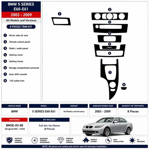 BMW 5 Series E60-E61 2003-2009 3D dekor palubnej dosky, 8 dielov