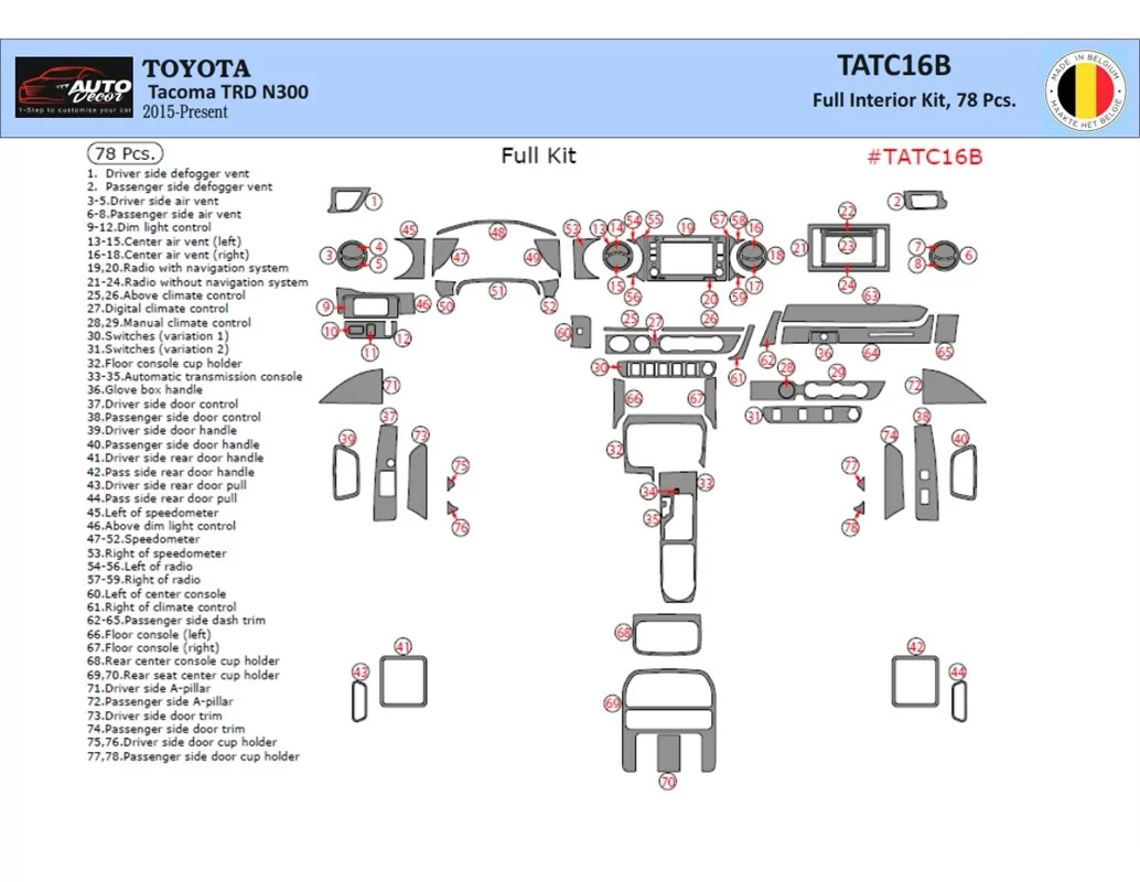 Toyota Tacoma 2016-2020 3D súprava obloženia palubnej dosky interiéru 78 dielov - 1