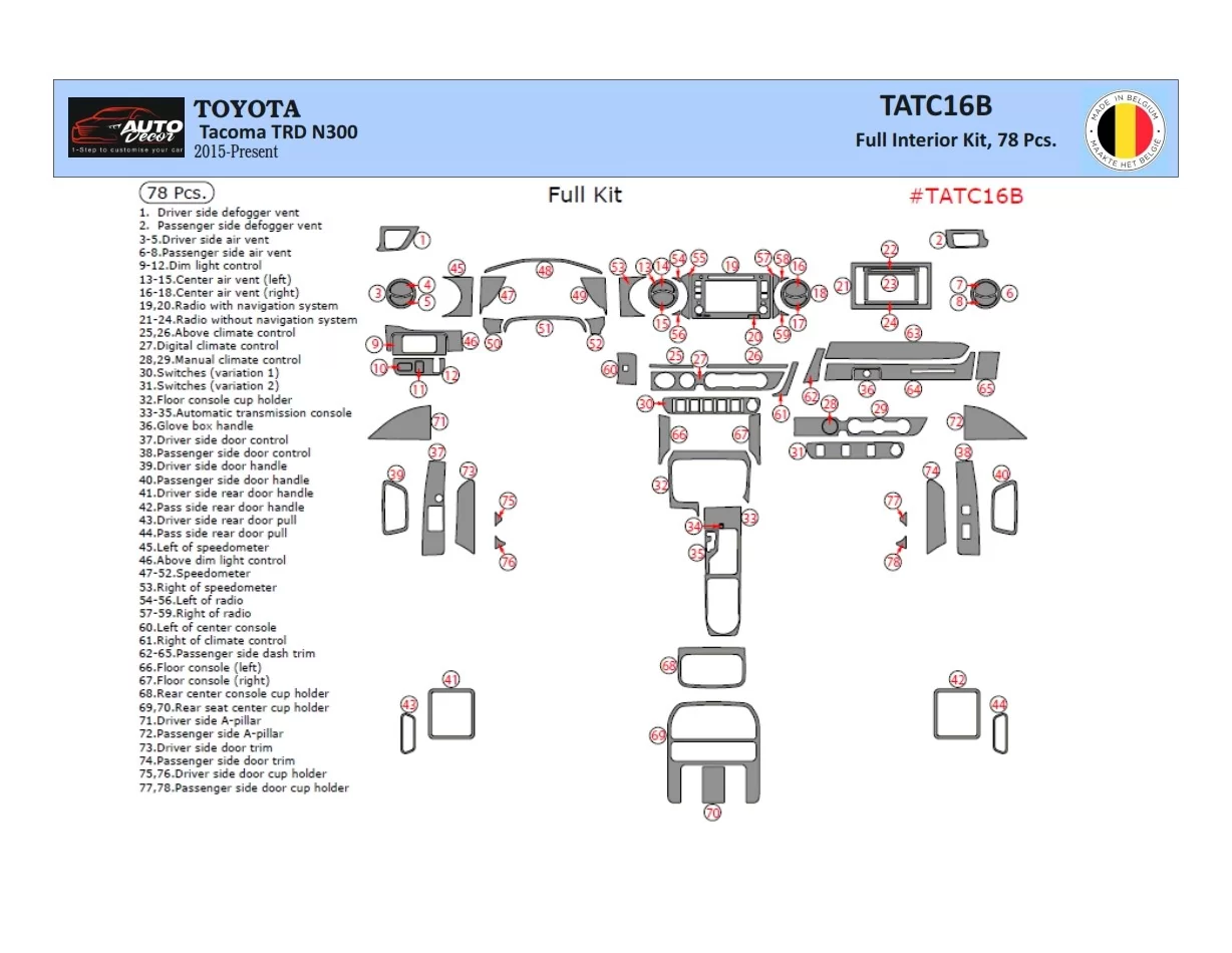 Toyota Tacoma 2016-2020 3D súprava obloženia palubnej dosky interiéru 78 dielov - 1