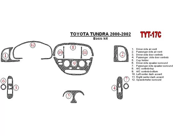 Toyota Tundra 2000-2002 2 a 4 dvere, základná súprava, súprava 12 dielov Interiér BD Dash Trim Kit - 1
