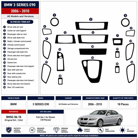 BMW 3 Series E90 2006-2010 3D dekor palubnej dosky, 18 dielov 2