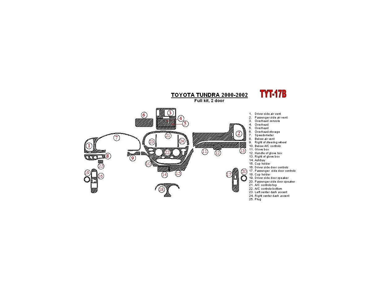 Toyota Tundra 2000-2002 2 dvere, kompletná sada, sada 25 dielov Interiér Súprava obloženia palubnej dosky BD - 1