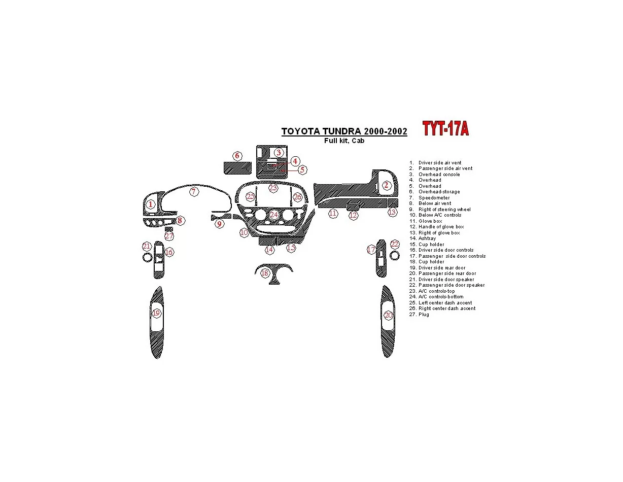 Toyota Tundra 2000-2002 4 dvere, kompletná sada, sada 27 dielov Interiér Súprava obloženia palubnej dosky BD - 1