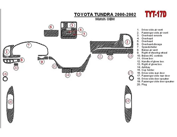 Toyota Tundra 2000-2002 4 dvere, zhoda OEM, sada 20 dielov Interiér BD Dash Trim Kit - 1