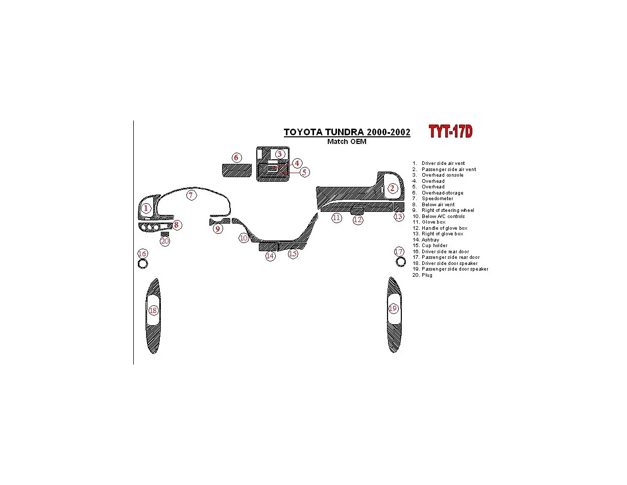 Toyota Tundra 2000-2002 4 dvere, zhoda OEM, sada 20 dielov Interiér BD Dash Trim Kit - 1