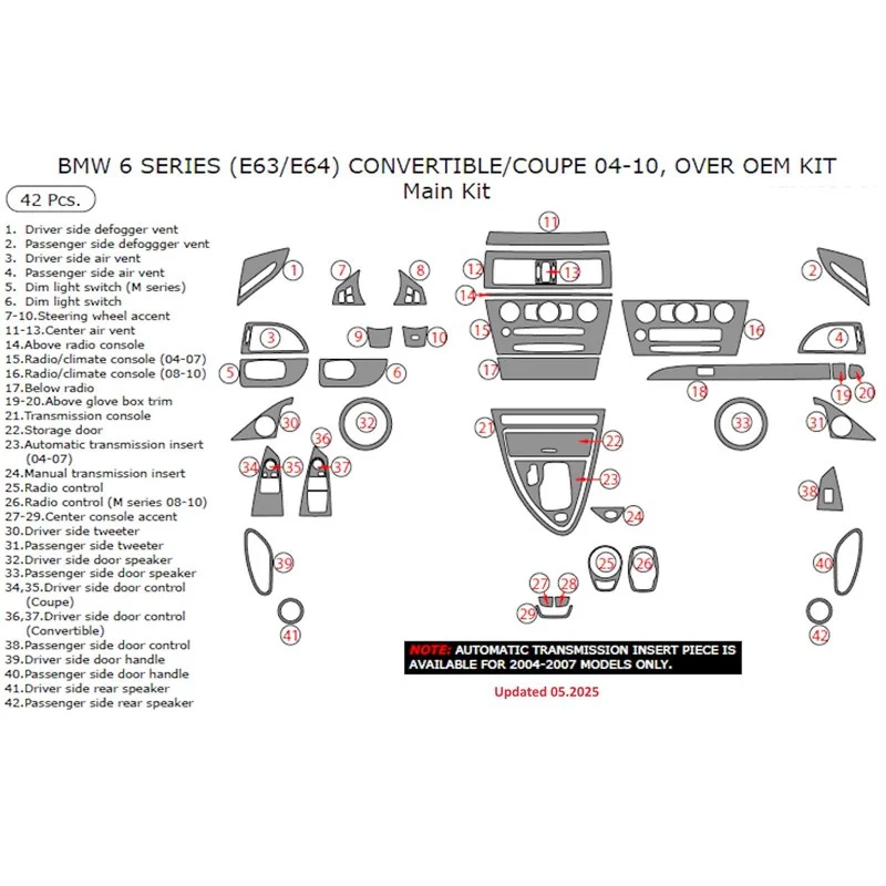 BMW 6-Series E 63 2008-2010 3D dekor palubnej dosky, 41 dielov